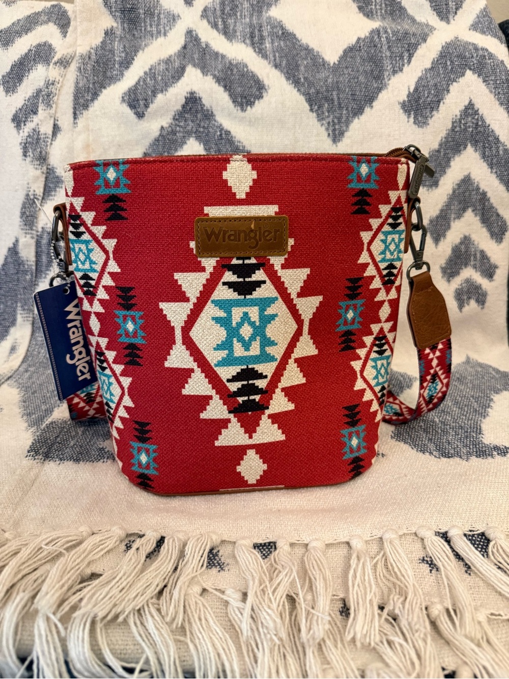 Wrangler Red Aztec Print Crossbody with Brown Leather Patch